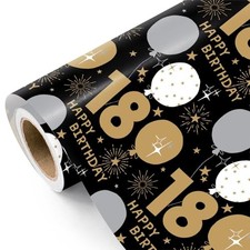 18th Birthday Wrapping Paper Roll - Mini Roll - 17 Inch x 16.5 Feet - Black