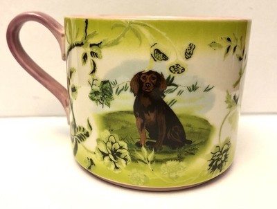 Anthropologie Portobello Dog Mug Pointer Spaniel Stoneware Pink Green