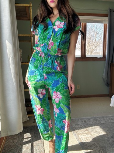 Vintage Floral Jumpsuit Hilo Hattie Hawaii 1980s Cotton Straight Leg 