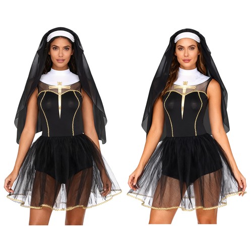 Women's Halloween Nun Cosplay Dress and Wimple Hood for Sister Clergy Dress-up - Bild 7 von 26