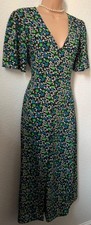 Size 10 ASOS green blue mix floral button up front midi dress matching tie belt