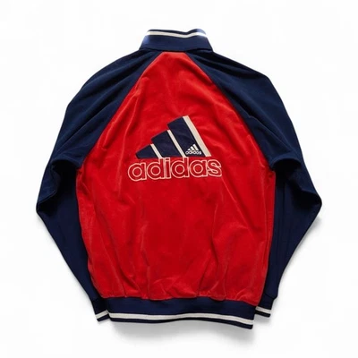 Vintage Adidas Track Jacket 80s Large Logo Velour Navy Blue M Oversized Men’s - Photo 1/4