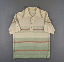 Vintage Knit Polo Shirt Mens Large Striped Donegal 70s Daggar Collar Mod Disco