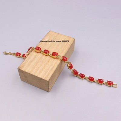 Gold-Plated Alloy 7mm Oval Red Jade Bracelet Women's Bracelet 7.08inch