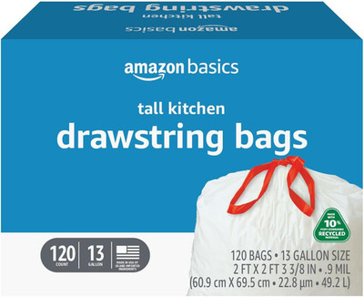 13 Gallon Tall Kitchen Drawstring Trash Bags, Unscented, 10% Post Consumer Recyc