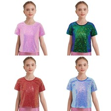 Kids Girls Tee Shiny T-shirt Dancewear Top Dance Costume Jazz Round Neck Disco
