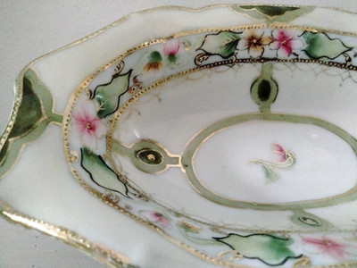 Antique Nippon Celery Dish Japan HK Hand-painted Celadon & Rose & Gold Gorgeous