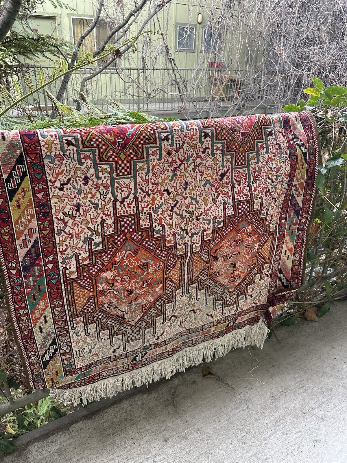 Handwoven Antique Vintage Sumak Kilim Rug 4’x 6’8”