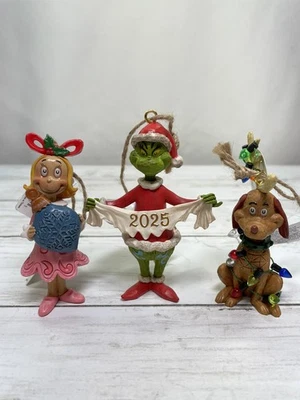 Jim Shore Christmas Ornament Set of 3 "Grinch" w/2025 banner, "Cindy Lou" & "Max