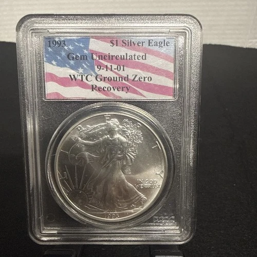 1993 AMERICAN EAGLE SILVER $1 RECOVERED FROM GROUND ZERO 9/11 PCGS GEM UNC.