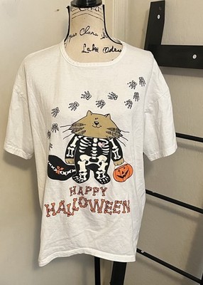 Vintage Cat Skeleton Puff Design Happy Halloween Women Shirt Size One Size Fits