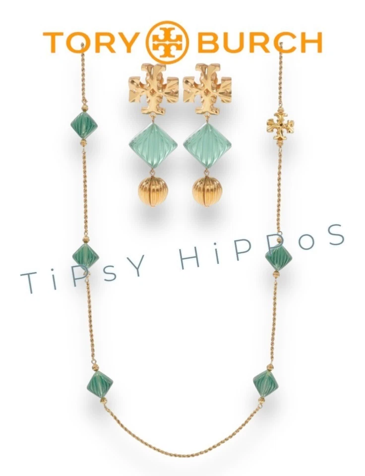 Juego de pendientes y collar Tory Burch dorado y verde brillante como un duende de lujo Foto 2 de 4