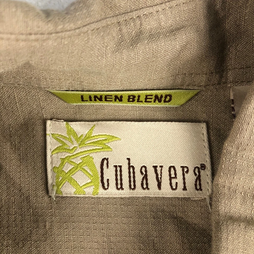 Camisa masculina Cubavera grande bege mistura de linho listrada havaiana manga curta - Imagem 3 de 4