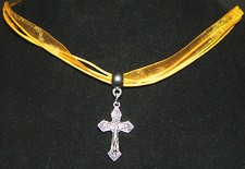Organza Ribbon Necklace : 2 sided Silver Cross Pendant 17" U Choose Color