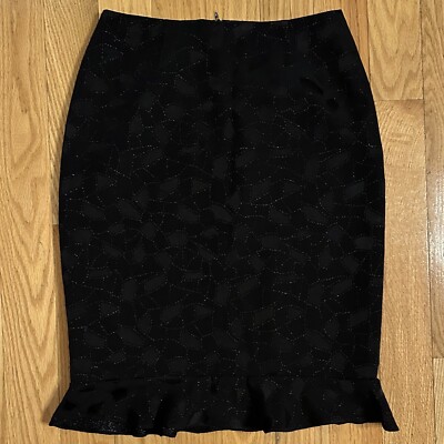 David Meister Black Mosaic Print Pattern Mixed Material Pencil Skirt Ruffle Sz 2