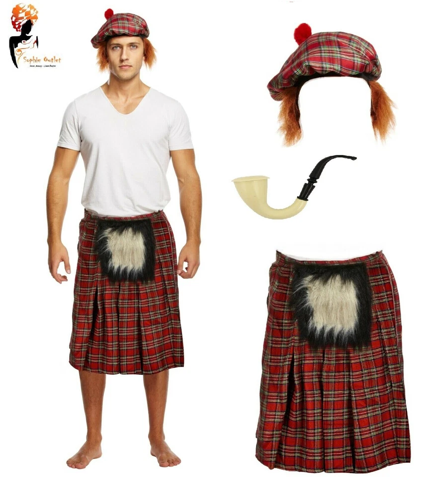 SCOTTISH Mens COSTUME Scotsman Tartan Hat Kilt Hair Burns Night Fancy Dress UK