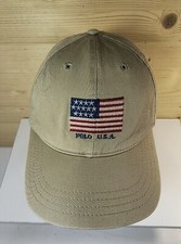 Vintage Polo Ralph Lauren USA Flag Hat Black / Beige Strapback Cap Made In USA