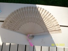 Vintage Folding Hand Held Natural Wooden bamboo Fan pink tassel with box