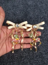 Statement Vtg 1987 Lunch At The Ritz  enamel bow crystal  Gold Tone Earrings 