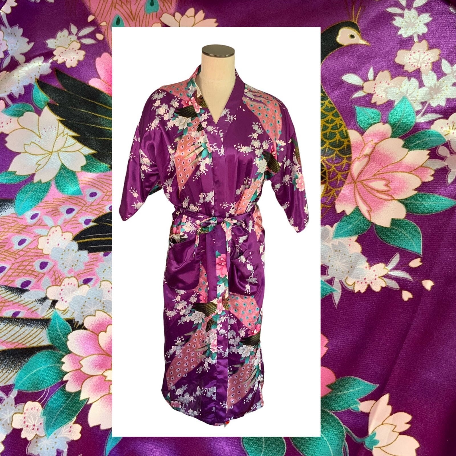 Purple Floral Satin Robe Peacock Dressing Gown Pi… - image 1