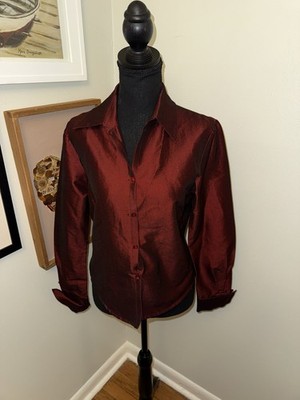 90s Y2K Shiny Dark Red Taffeta Blouse M Gothic Vampy Dark Academia Shimmer Top