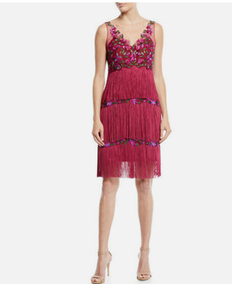 Marchesa Notte V Neck Fringe Dress Berry Sequins 2 (dr100thrifty
