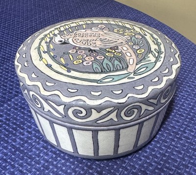 Ceramic Round Box signed DBM 1920 Bird Design Light Purple Pink and Cream 5.25 