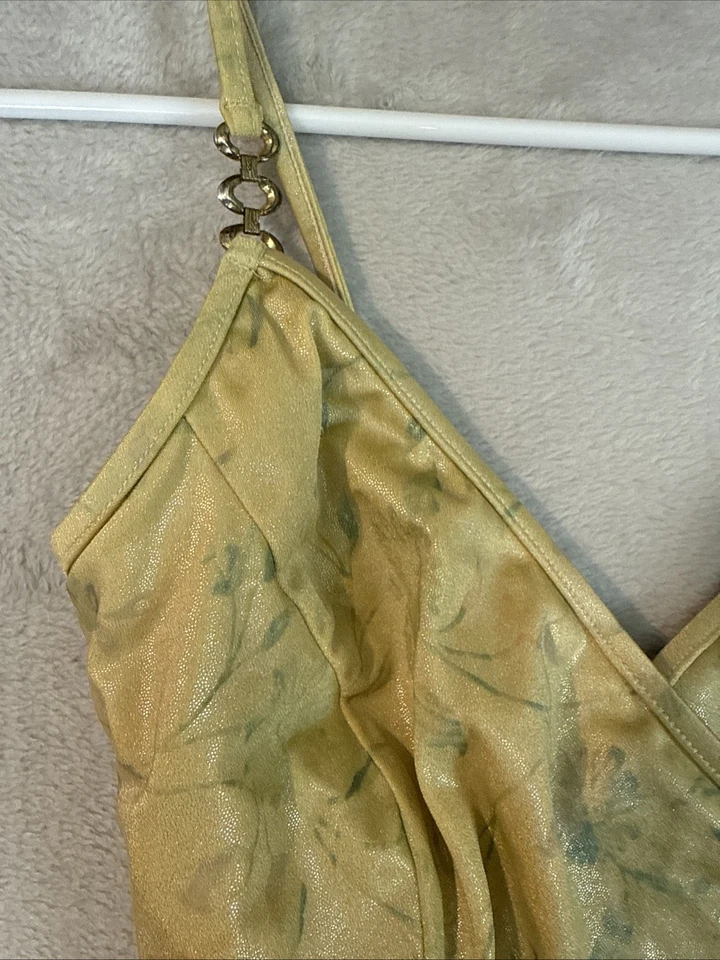 Traje de baño de una pieza para mujer Carol Wior talla 10 dorado floral cuello en V metálico Xclt Foto 2 de 4