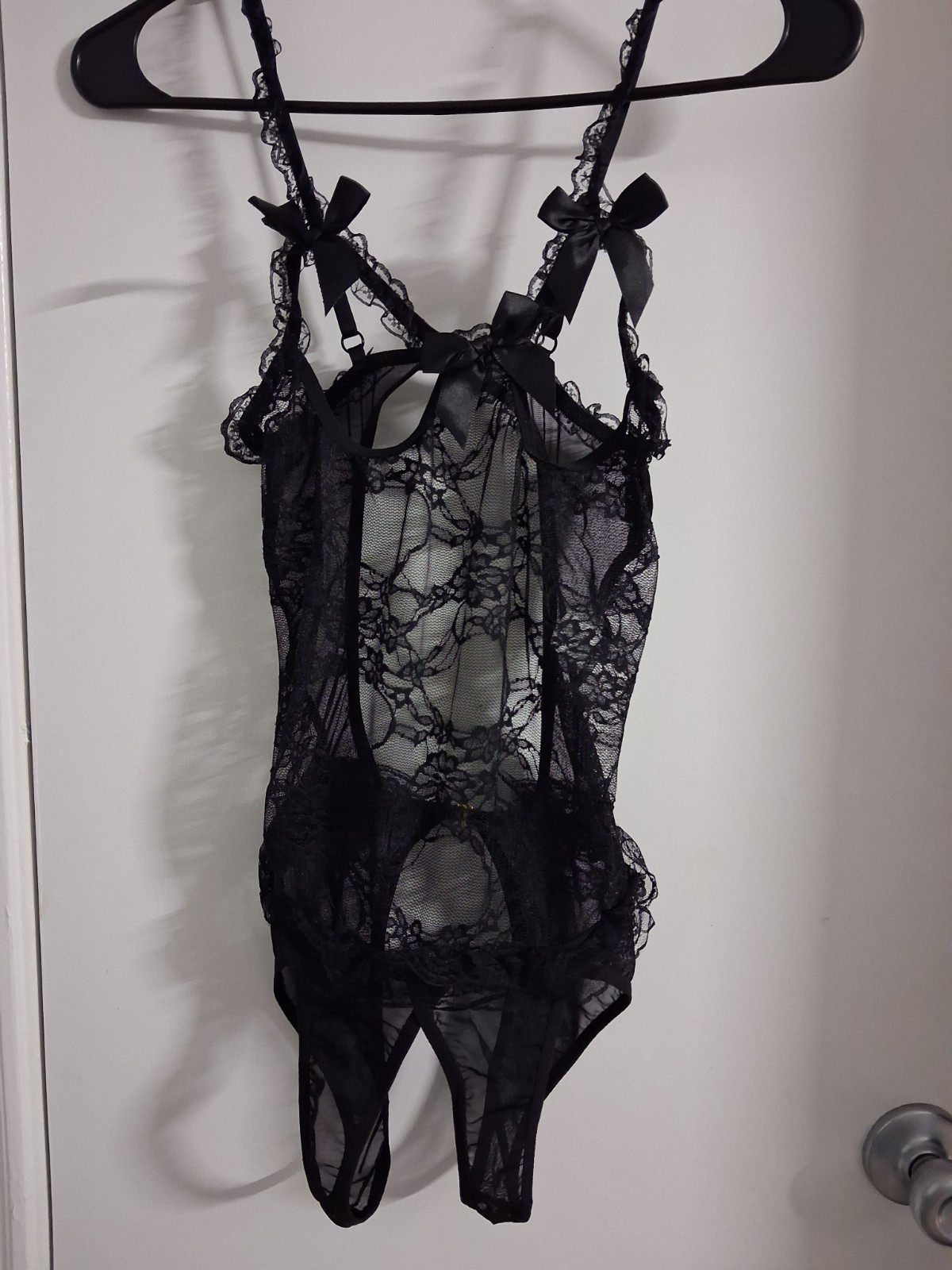 Women's Black Sheer Floral Bow Wireless One-Piece Bodysuit Adjustable Straps