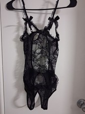 Women's Black Sheer Floral Bow Wireless One-Piece Bodysuit Adjustable Straps