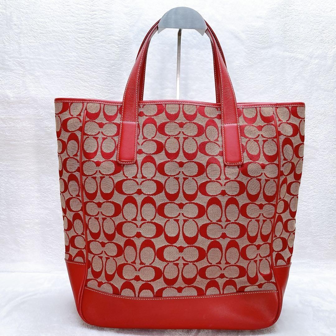 COACH Signature Tote Bag Large Canvas Red Authentic Rare clean Used
