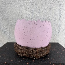 Vintage Easter Speckled  Ceramic Lavender Cracked EGG Planter w/ Grapevine Base