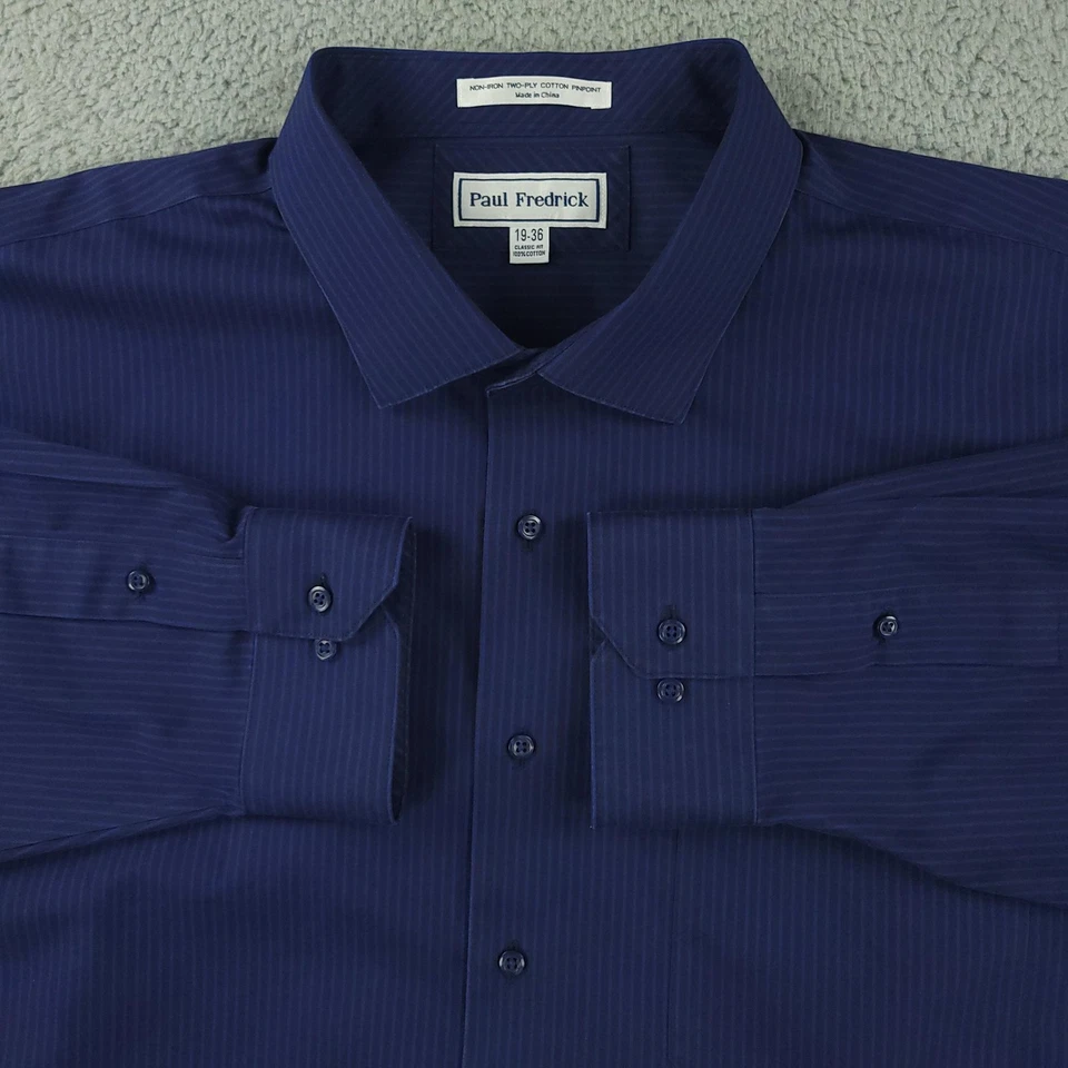 Paul Fredrick Shirt Mens 19-36 Blue Stripe Classic Fit Non Iron Dress Cotton - Image 2 of 4