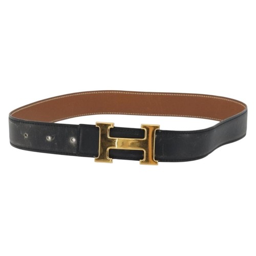 HERMES Constance H Belt Leather 31.9"" Black Gold Auth 194379