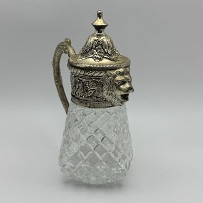 Vintage Silver Plate Lion Head Syrup Pitcher Creamer Pressed Glass Grapevine