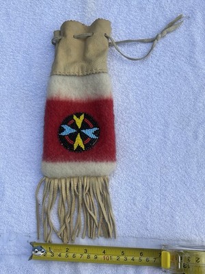 Handmade Felt & Leather Beaded Fringe Medicine Bag Drawstring Pouch Red White
