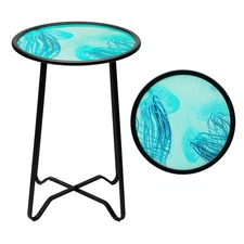 G128 14 in Round Glass Outdoor Side Table Jellyfish Ocean Pattern Plant Stand