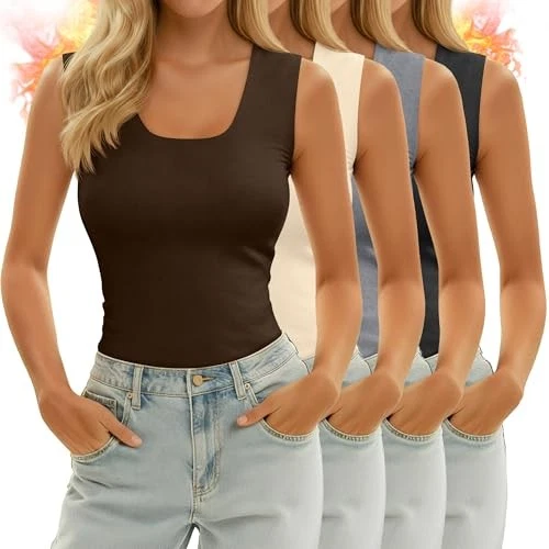 4 Pack Women's Thermal Tank Medium Black, Mixed Gray, Flesh Tone, Dark Brown - Image 2 of 4