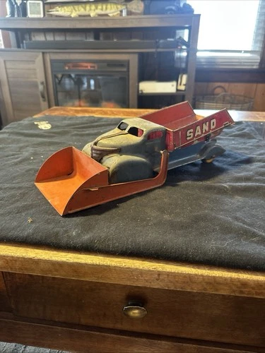 1940s Marx Sand & Gravel Tin Litho Dump Truck w/ Snow Plow 16" VG Orig