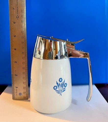 Vintage Corning Ware Milk Glass Blue Cornflower Dripout Syrup Server with Lid 93