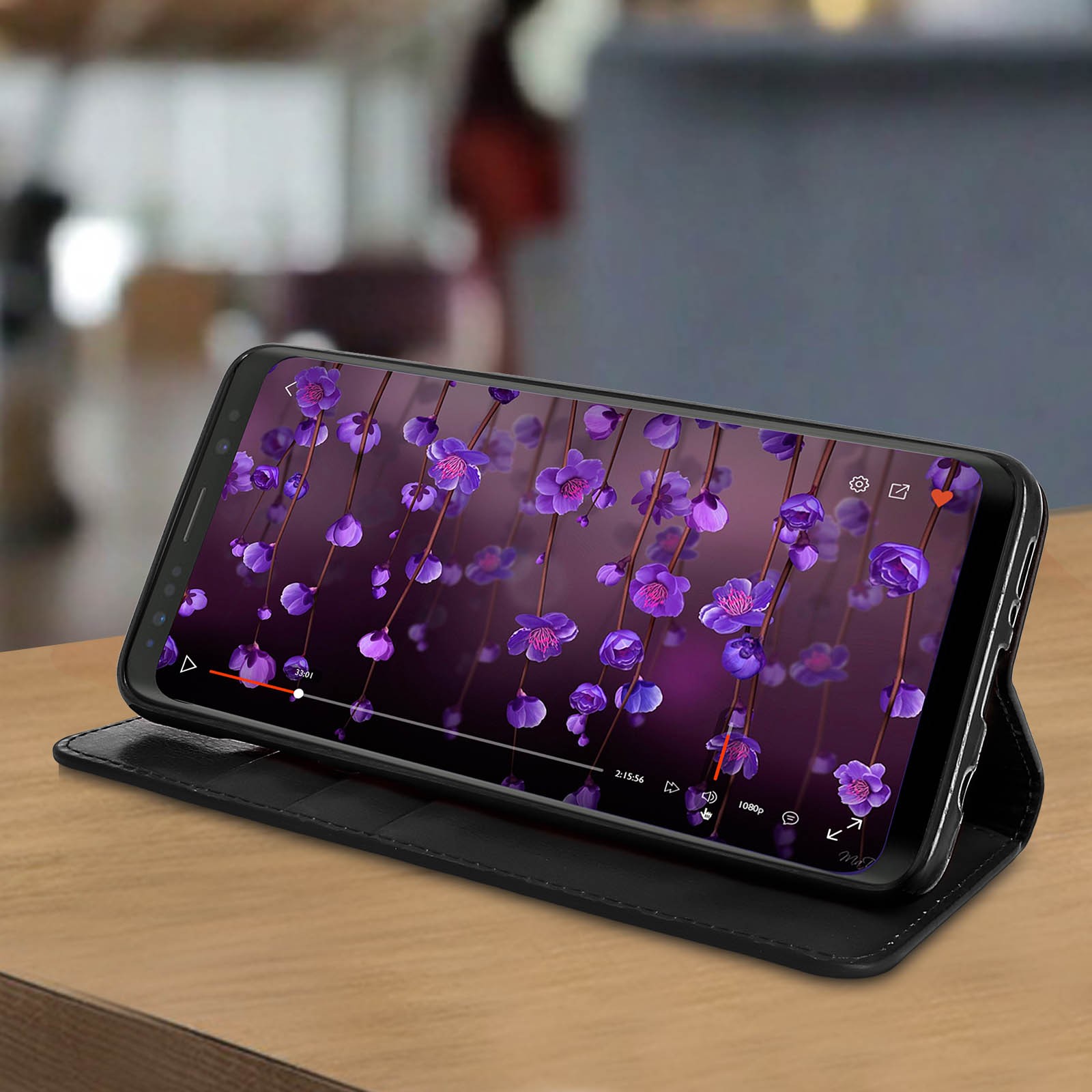 Coque à rabat Galaxy S9 Plus cuir noir avec porte-cartes integre