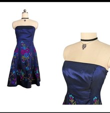 Debut Prom Dress Midi Cocktail Gown Boho Embroidered Floral Strapless Blue 12