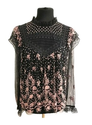 NADEL + FADEN Spitze Illusion bestickt Tüll Top schwarz pink UK 14 REF A23