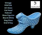 Vintage FENTON Art Glass CAT HEAD Hobnail SHOE Figurine Blue & White SLAG Glass