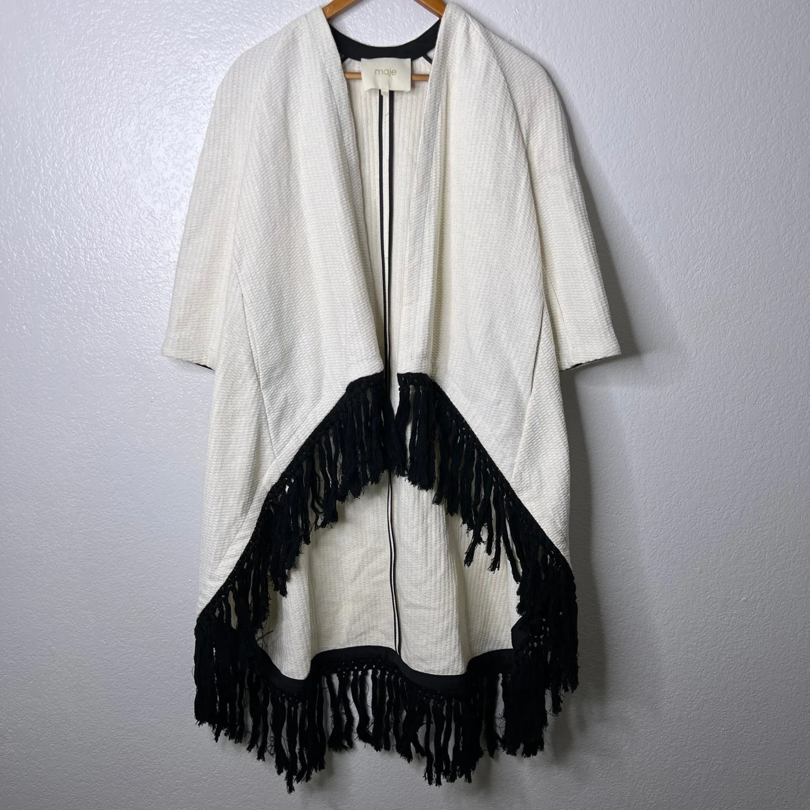 Maje Vitala Ecru Textured Knit Fringe Poncho Wrap Sweater Pockets Size 1 Small