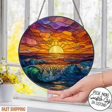 Beach Sunset Stained Glass Suncatcher, Ocean Waves Window Hanging Coastal