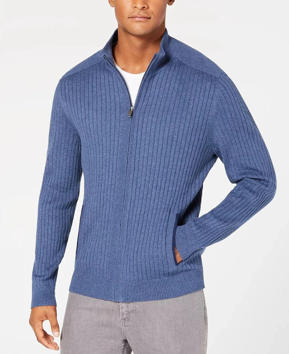 Alfani Men's Ribbed Full-Zip Sweater Lake Heather Blue XL