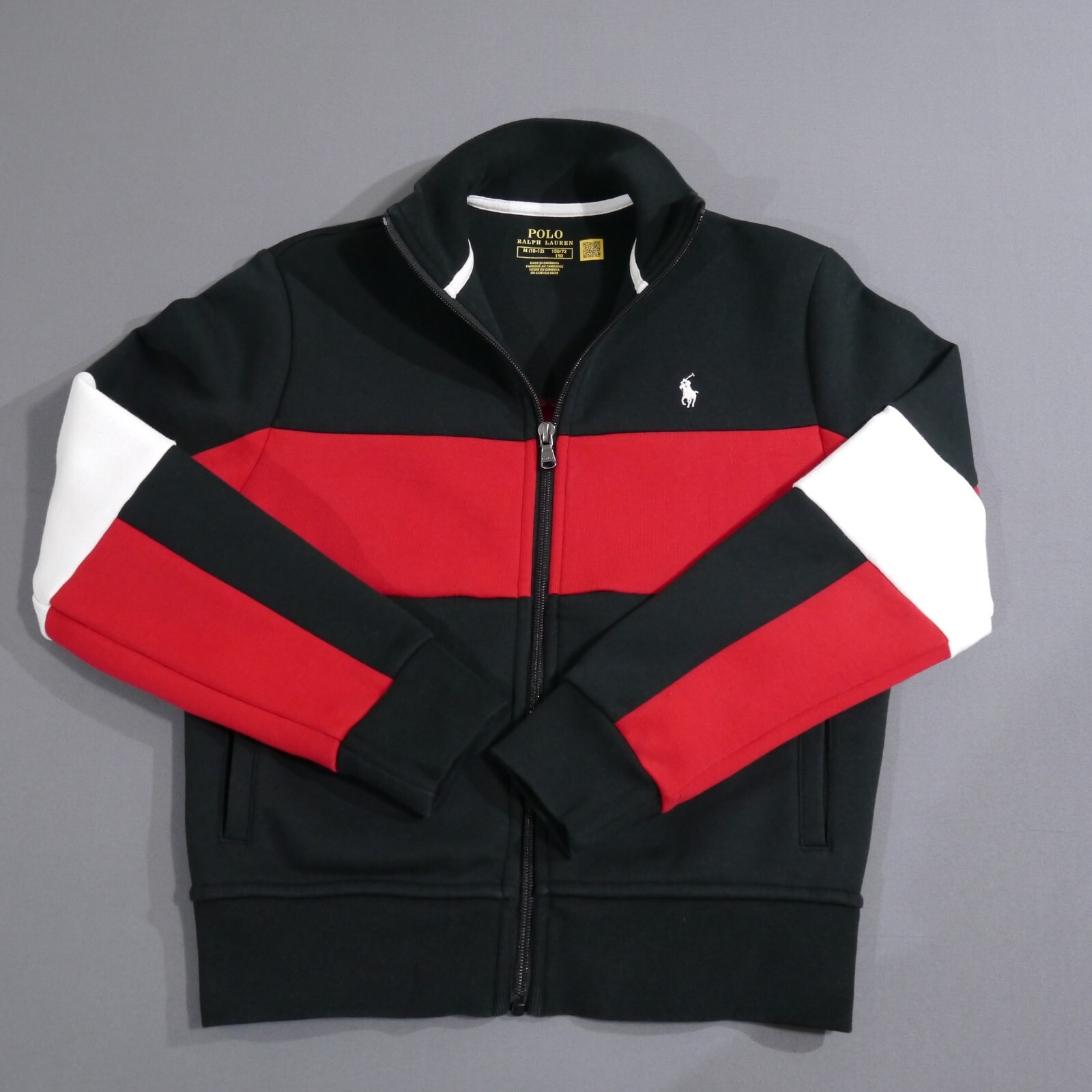 Polo Ralph Lauren Giacca Pista Doppia Maglia Ragazzo Taglia M (10 12) Nero Rosso Pony