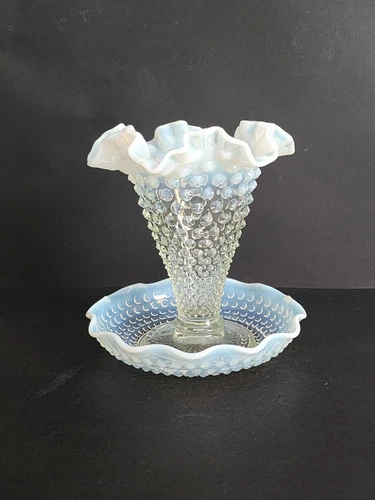 Vintage Fenton Hobnail White Opalescent Ruffled Trumpet Vase & Plate