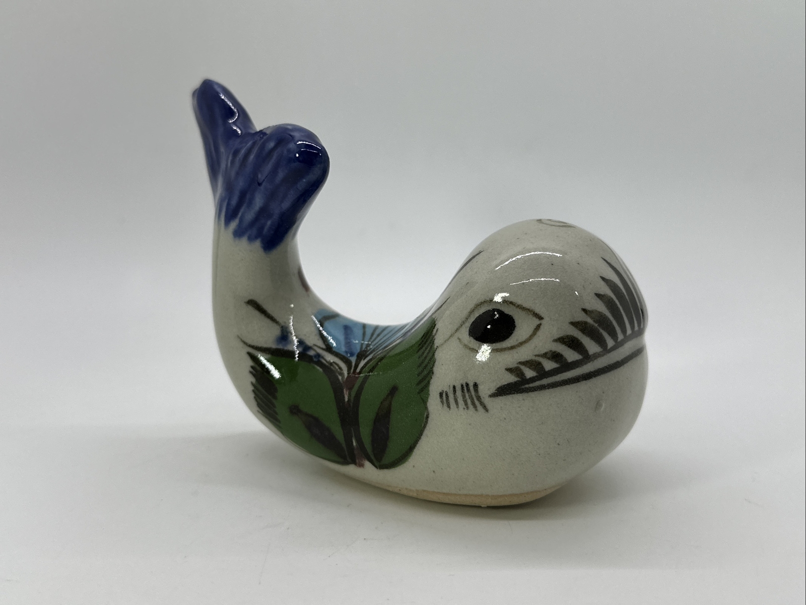 Mexican Talavera Pottery Hand Painted Whale Figurine Nautical Coastal Marine